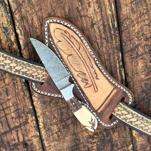 Cuchillo de Caza de Acero de Damasco de Alta Gama, Venta al por Mayor, con Mango de Madera, Forjado a Mano, Personalizado con Funda de Cuero - Product Image 5