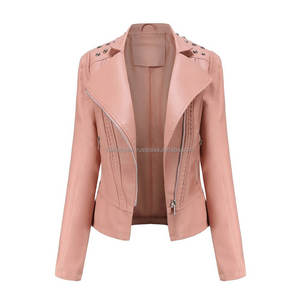 <b>Pink</b> Leather Women's <b>Jackets</b> Slim Fit Moto Style Studded Shoulders Asymmetrical Zip Biker Outerwear with Zipper Pockets - Product Image 1