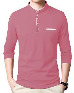 High Quality Low Moq 240gsm 100% Cotton T <b>Shirt</b> Custom Brand Blank Plain Plus Size Men's Full Sleeves T <b>Shirt</b> with <b>Henley</b> Neck - Product Image 1