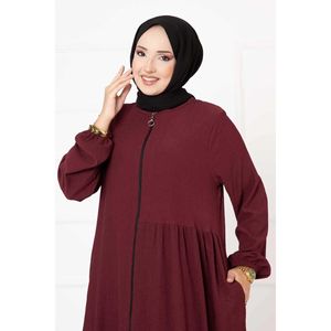 Women's Claret Red Pocket Detailed Gathered <b>Abaya</b> Comfortable Sleepwear - Product Image 2