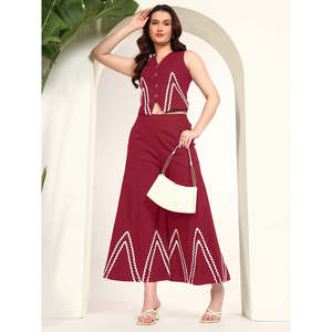 Conjunto de 2 piezas de rayón color granate para mujer de Deebaco, chaleco geométrico sin mangas con cuello en V, pantalón hasta el tobillo, conjunto formal de verano - Product Image 1