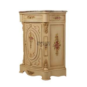 Meuble à chaussures de luxe de style français en crème avec dessus en marbre orné, art floral peint à la main et accents dorés pour entrée de palais - Product Image 5