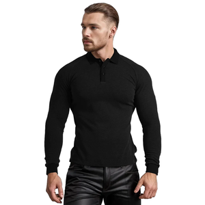 Gingtto Polo à manches longues personnalisé de couleur unie revers simple boutonnage polos pour hommes - Product Image 6