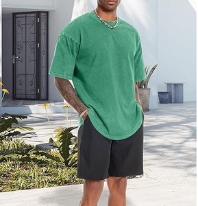 Respirant col rond personnalisé goutte épaule Muscles ajustement vêtements d'extérieur lourds sport été strass manches courtes lavage à l'acide t-shirts - Product Image 6