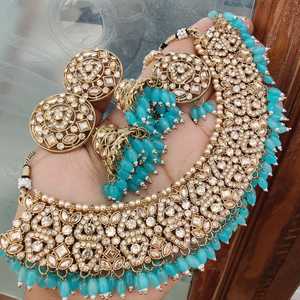 สร้อยคอเพชรอินเดียแบบดั้งเดิมที่มีคุณภาพสูงย้อนกลับพร้อมต่างหู jhumki และ maangtikka เหมาะสำหรับงานแต่งงานโอกาสพิเศษ - Product Image 3