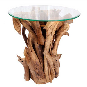 Table basse en racines de teck massif, couleur bois naturel, avec plateau en verre, pour intérieur et extérieur - Product Image 6