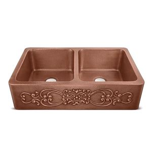 Compre un fregadero de cocina de cobre estilo granja hecho a mano para interiores de casas tradicionales rústicas con acabado natural de aspecto duradero - Product Image 1