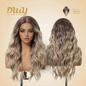Lyna C-DWY 13*6 Glueless Synthetic <b>Wig</b> Lace Front <b>Long</b> Beach Wave for Ombre Blonde with Highlight Transparent Lace Color - Product Image 4