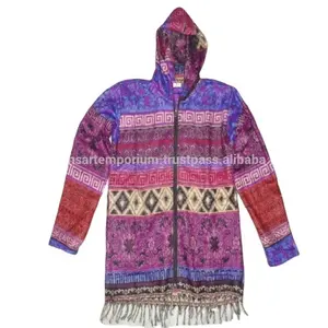 热卖新印花亚克力羊毛长夹克，带连帽衫和拉链批发，来自印度