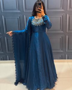 Indien ethnique soie Anarkali bleu musulman Eid robe lourde brodé Dupatta manches longues évasées longue fête de mariage pour Nikkah - Product Image 4
