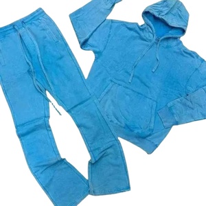 ชุดวอร์มฮู้ดดี้ผ้าฝ้าย 100% สีฟ้าฟอกกรด แบบกลับด้านได้ เป็นมิตรกับสิ่งแวดล้อม ไซส์พลัสสำหรับผู้ชาย เสื้อสเวตเชิ้ตผ้าฟลีซแบบสวมหัว กางเกงจ็อกเกอร์ทรงบาน - Product Image 1