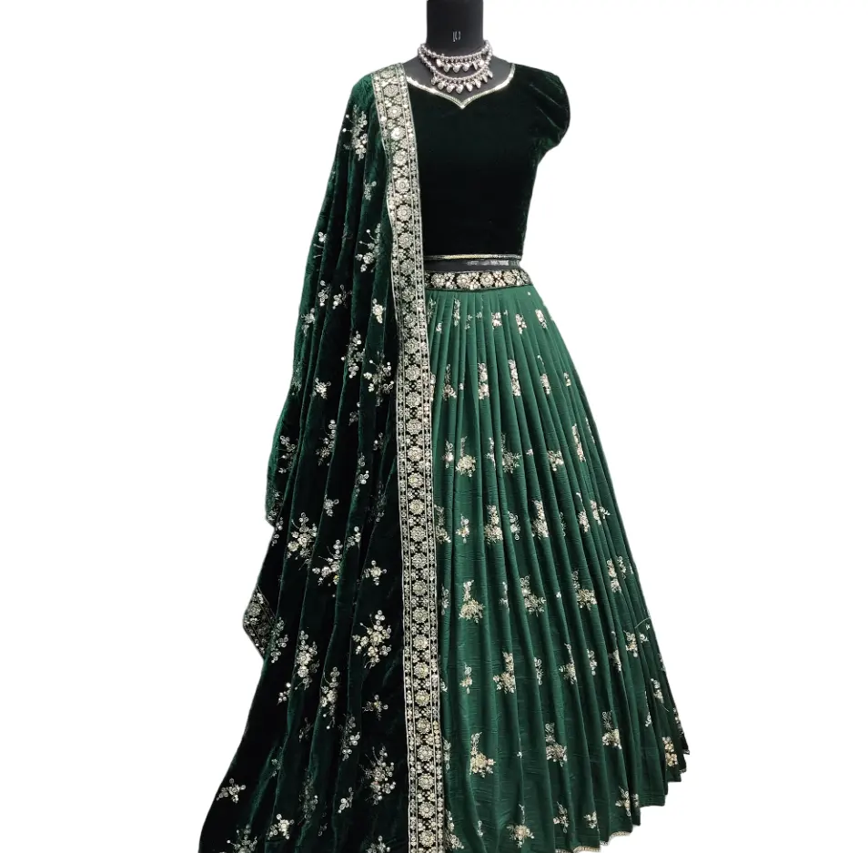 Design moderno colore verde pura seta con ricamo di paillettes lavoro Lehenga Choli Dupatta fornitore all'ingrosso da Surat India