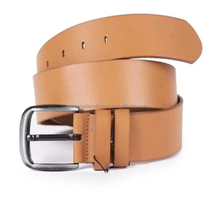 Cinturón de cuero casual marrón claro de grano completo de piel de vaca suave para hombres y mujeres con hebilla de zinc de aleación elegante - Product Image 1