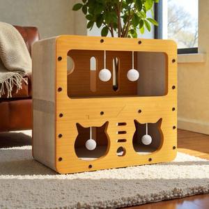 Griffoir pour chat en bois durable, fabriqué en usine au Vietnam, avec deux niveaux, lit cachette pour chaton avec jouets interactifs - Product Image 3