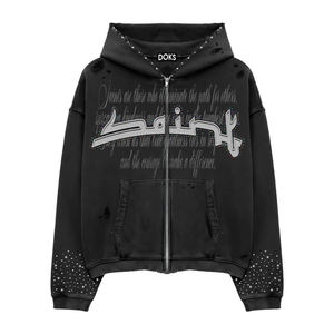 Sudadera con capucha de invierno para hombre, personalizada, de felpa gruesa, con pedrería bordada, estilo urbano, con cremallera completa y logo de diamantes de imitación. - Product Image 5