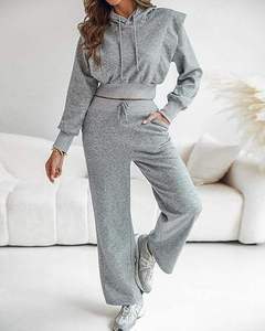 Ensemble de survêtement solide et élégant pour le sport, vêtements de sport décontractés pour femmes, 2 pièces, sweat à capuche à manches longues, pantalon de survêtement à jambes larges, respirant - Product Image 1