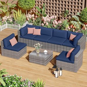 Juego de muebles de patio de mimbre modular con cojines y mesa de centro para porche exterior y patio trasero - Product Image 6