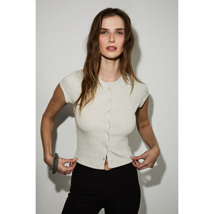 GRIMELANGE Women's Soft Stretch Short <b>Cap</b> <b>Sleeve</b> Buttoned Blouse - Product Image 2