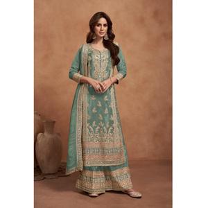 Nouveau travail de broderie lourd PV Vichitra Maruti Fashion Kurta/Kurti avec Dupatta de luxe pour les femmes vêtements de fête de mariage de l'Inde - Product Image 1