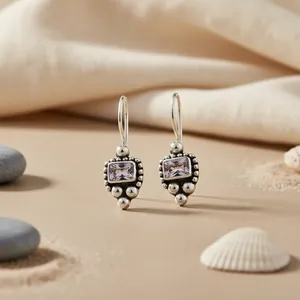 925 Silver <b>Dangle</b> <b>Earrings</b> with Freshwater Pearl Amethyst Emerald <b>Diamond</b> for Women Cute Flower Drop Design Perfect Gift - Product Image 2