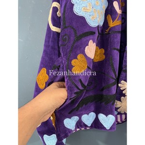 Purple Velvet Floral Embroidery Women's Short <b>Jacket</b> Coat Autumn Winter <b>Hippie</b> Style Suzani Fabric Cotton Lining Knitted - Product Image 4