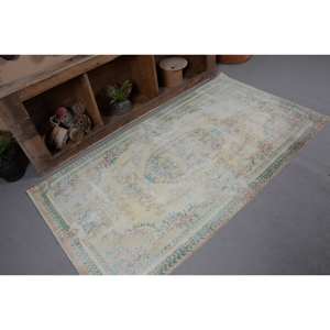 Vintage 3.6 X 6.6ft Yellow Turkish Wool Rug Handmade Classic Large Area Abstract Patchwork Rectangular Hallway Design Latex - Product Image 5