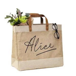 Eco-friendly Jute Tote Bag with Cotton Accents Leather Handles Jute bag with Leather Handle Beach Tote Bag
