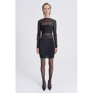 Vestido Mini de Tul Transparente con Drapeado - Negro - Product Image 5