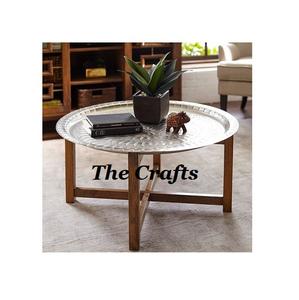 Mesa Auxiliar de Acero Inoxidable Color Plateado con Base de Madera, Mesa Auxiliar Redonda de Calidad Deluxe a Bajo Precio - Product Image 1