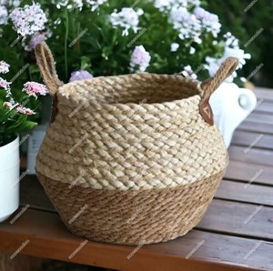 Panier à ventre pliable en jonc de mer personnalisé Panier à plantes en jonc de mer tissé avec poignée pour plantes Pots de fleurs Embellissement de la maison - Product Image 2