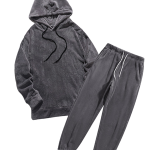 Conjunto Deportivo de Sudadera con Capucha y Pantalones Jogger Ajustados de Felpa, Estilo Vintage, Color Gris Oscuro Lavado al Ácido, para Hombre, Ropa de Calle Cómoda - Product Image 3