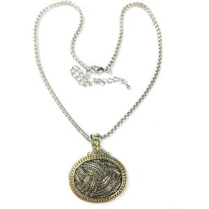 Collier chaîne maille gourmette bicolore TJ Magic plaqué rhodium et or avec pendentif ovale tressé diamant et motif blé - Product Image 1