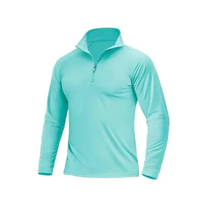Camisas de sol UPF 50 + para hombre, manga larga con cremallera 1/4, protección UV SPF, ligera, de secado rápido, para golf, natación, azul claro