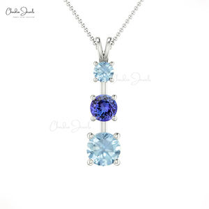 Vendeur vérifié Pendentif à trois pierres en or massif 14k véritable 4mm Tanzanite et pendentif chaîne aigue-marine coupe ronde Fournisseur de gros - Product Image 4