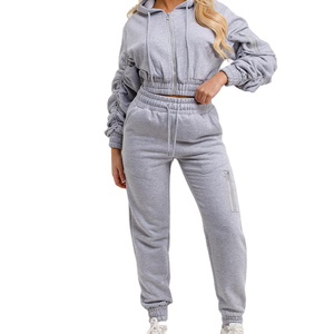 Vente en gros d'ensemble 2 pièces personnalisé ensemble de survêtement pour femmes avec manches froncées surdimensionnées et 100% coton ensemble de survêtement jogger 2 pièces pour femmes - Product Image 1