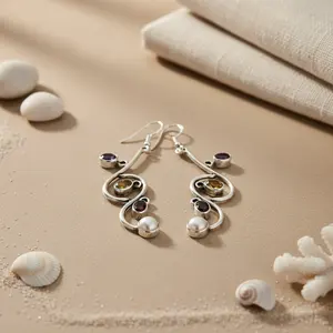 Boucles d'oreilles pendantes en argent 925 avec pierres précieuses pour femmes, bijoux de mode pour tous les jours - Product Image 1