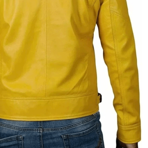 Chaqueta de motorista con cremallera completa de piel de oveja para hombre, chaqueta de bombardero de cuero amarillo suave para hombre - Product Image 6