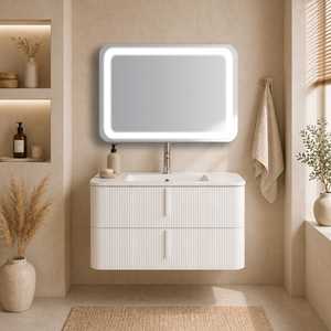 Mobile bagno Koricini Havana 80 cm con lavabo in resina, bianco a coste, moderno, con vano contenitore - Product Image 1