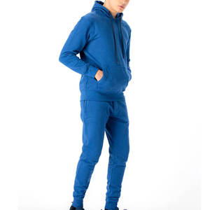 Vente en gros personnalisé 100% coton mélangé ensemble en bleu à manches longues col à capuche décontracté coupe décontractée motif solide survêtement de sport - Product Image 1