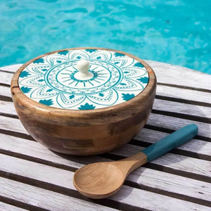 Bol de cuisine décoratif en métal, Base en bois pour légumes et aliments, emballage personnalisé de luxe, bol de service en bois de mangue - Product Image 5