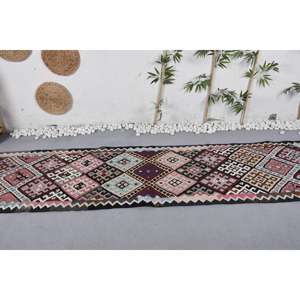 Alfombra de 2.8x13.1 pies, Alfombra Turca, Alfombra Roja con Diseño de Cuadros Kilim - Product Image 3