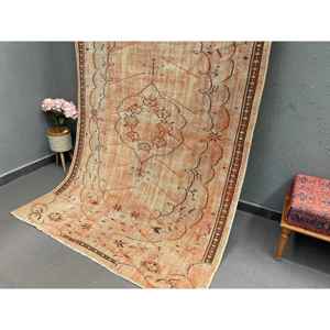 Alfombra Turca Vintage Grande de 5.3x8.1 pies (162x247 cm), Alfombra a Cuadros Naranja - Product Image 3