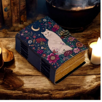 Carnet Wiccan en Cuir Fait Main avec Imprimé Chat et Artémisia Bleue, 7x5'', Reliure Thermique, 120 Feuilles, Papier à Bords Frangés, Livre de Sortilèges, Grimoire