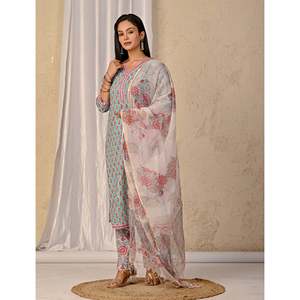 ชุดคุรตะผ้าฝ้ายพิมพ์ลายบล็อกสีเทอร์ควอยซ์ แขนสามส่วน สำหรับใส่ในชีวิตประจำวัน - Product Image 4