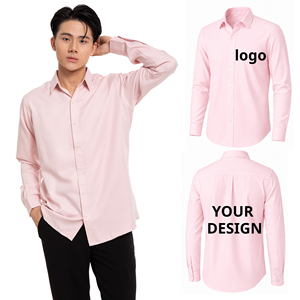 เสื้อเชิ้ตผู้ชายสีชมพู ผ้าป๊อปลิน แขนยาว ปกคอพับ สีพื้น ปักโลโก้ได้ตามต้องการ ดีไซน์ด้านหน้าและด้านหลัง สไตล์สมาร์ทแคชชวล เหมาะสำหรับใส่ในฤดูใบไม้ผลิ - Product Image 1