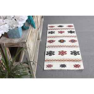 Alfombra de 1.8x4 pies, Alfombra Turca Vintage, Alfombra de Lana Kilim Blanca - Product Image 3