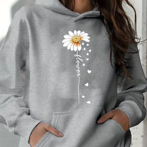 Sudadera con capucha de manga larga de terciopelo con estampado de girasoles, cálida y holgada, informal, para otoño e invierno para mujer - Product Image 1