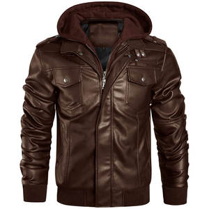 <b>Men</b> <b>Brown</b> PU <b>Leather</b> <b>Jacket</b> with Hood Fashion Motorcycle Bomber <b>Jacket</b> for Winter Casual Streetwear Style - Product Image 1