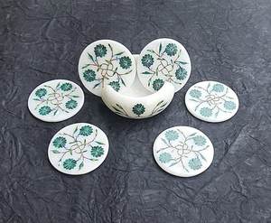 Handcrafted White <b>Marble</b> Inlay Tea Coasters Set Of 6 Natural Stone Crystal Drink Coasters - Product Image 6