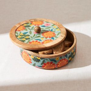 Récipient de stockage Chapati Roti en bois d'acacia de haute qualité avec couvercle design fantaisie plateau de service fini en émail - Product Image 1